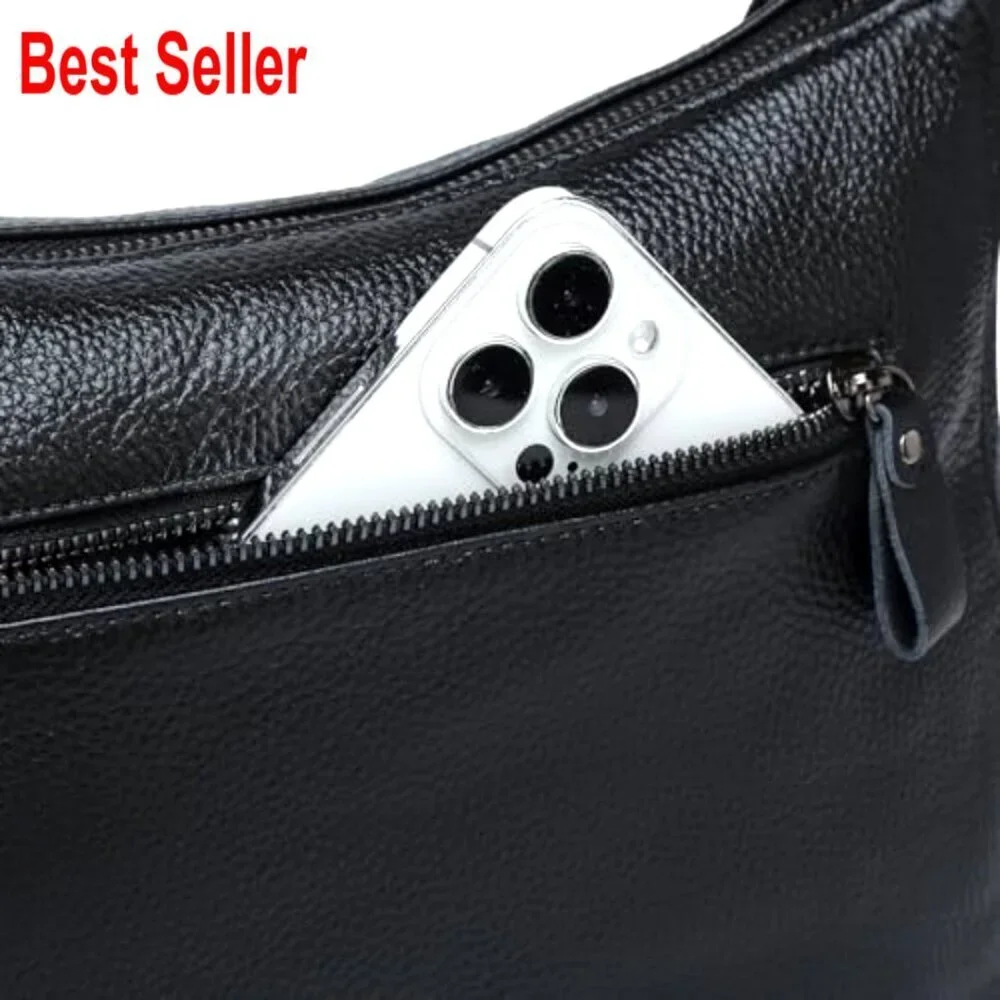 Genuine Leather Hobo Shoulder Bag with Crossbody Strap